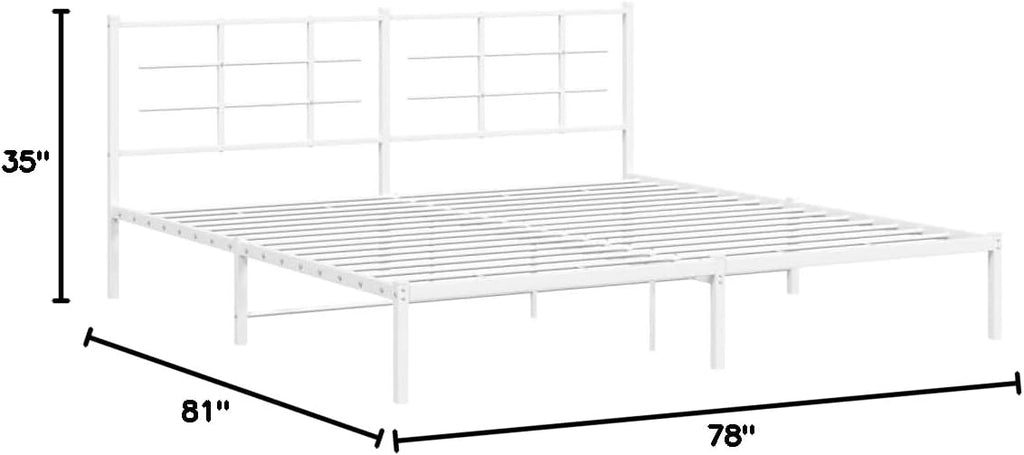 Metal Bed Frame with Headboard White King Size 76'x79.9' Steel Platform Bed Frame for Bedroom Furniture Durable Sturdy Design with Underbed Storage Space