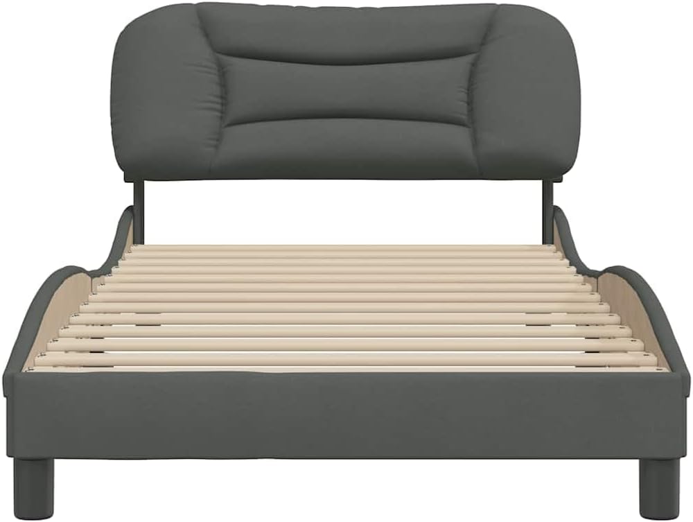 Modern Curved Dark Grey Bed Frame with Sturdy Pine Wood Construction and Breathable Polyester Fabric, Comfortable Headboard Cushion for Elegant Bedroom Decor, Easy