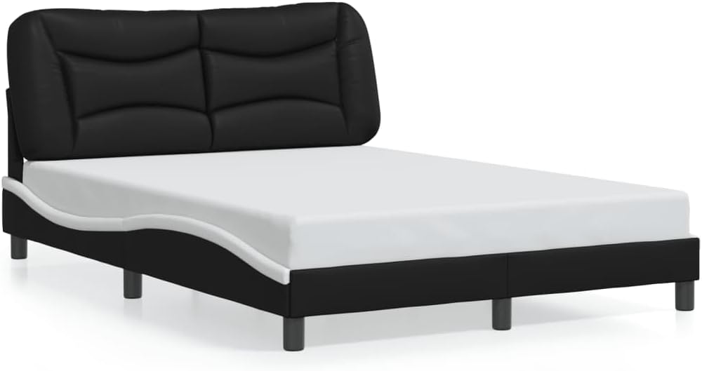 Upholstered Platform Bed Frame with Headboard Black and White Faux Leather Full Size 53.9'x74.8' Modern Wavy Design Sturdy Wood Slats Bedroom Furniture