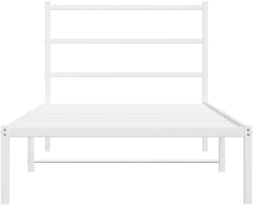 White Metal Bed Frame with Headboard Twin Size Modern Design Sturdy Powder Coated Steel Platform Bed Frame for Bedroom Guest Room