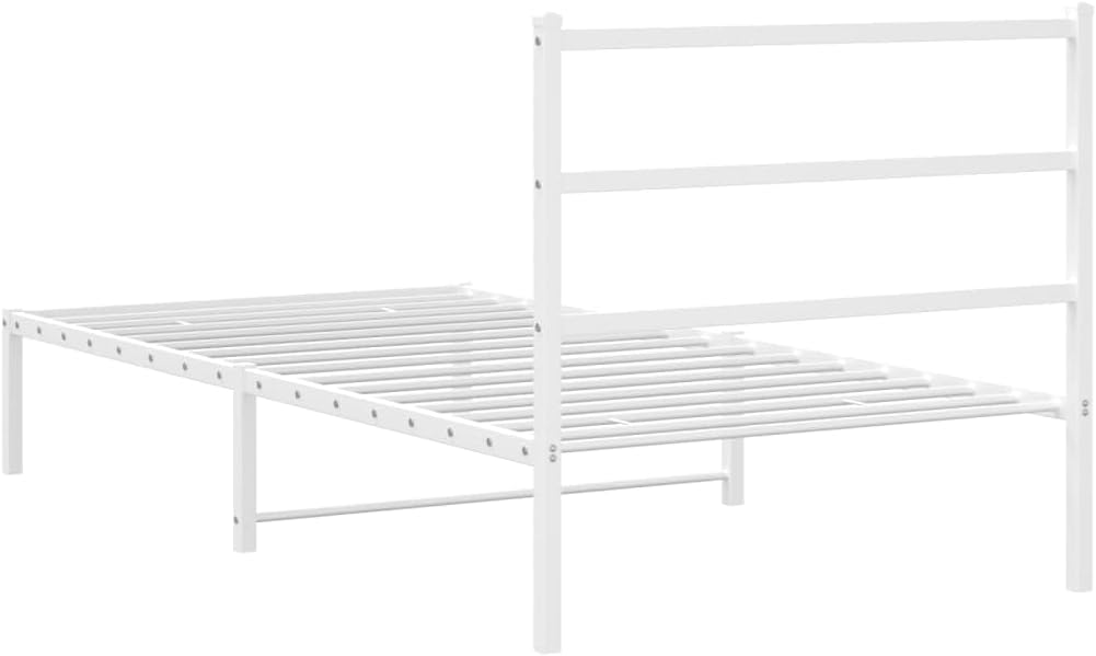 White Metal Bed Frame with Headboard Twin Size Modern Design Sturdy Powder Coated Steel Platform Bed Frame for Bedroom Guest Room