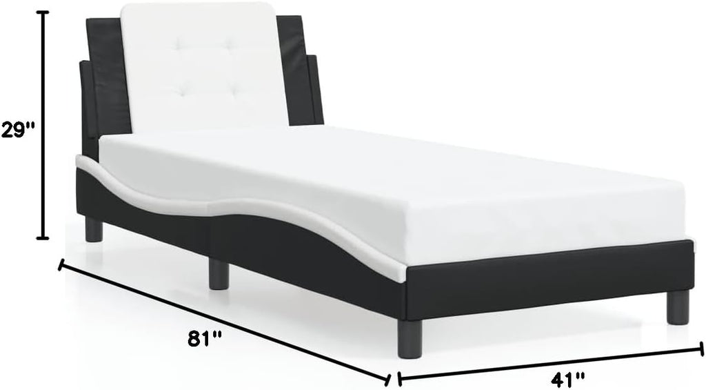 Twin Size Platform Bed Frame with Headboard Black and White Faux Leather Upholstered Bed Frame Modern Wavy Design for Bedroom Furniture