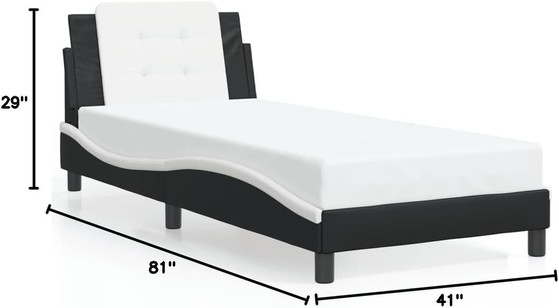 Twin Size Platform Bed Frame with Headboard Black and White Faux Leather Upholstered Bed Frame Modern Wavy Design for Bedroom Furniture