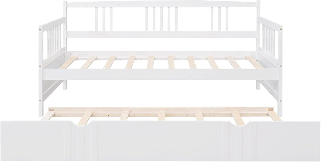 Twin Metal Platform Bed Frame, White Bed Set Solid Wood Bohemian Sofa Bed with Slats Daybed with Trundle for Teen Adult Bedroom Living Room