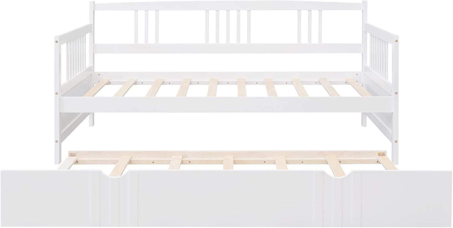 Twin Metal Platform Bed Frame, White Bed Set Solid Wood Bohemian Sofa Bed with Slats Daybed with Trundle for Teen Adult Bedroom Living Room