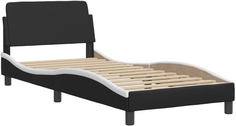 Twin Bed Frame with Upholstered Headboard Black and White Faux Leather Platform Bed Frame Modern Waved Design for Bedroom Furniture