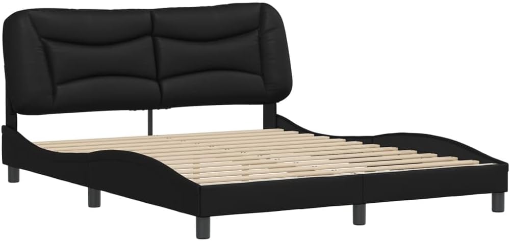 Queen Size Bed Frame in Black Faux Leather with Under Bed Storage, Modern Upholstered Platform Design for Bedroom, Solid Pine Wood Construction and Easy Assembly