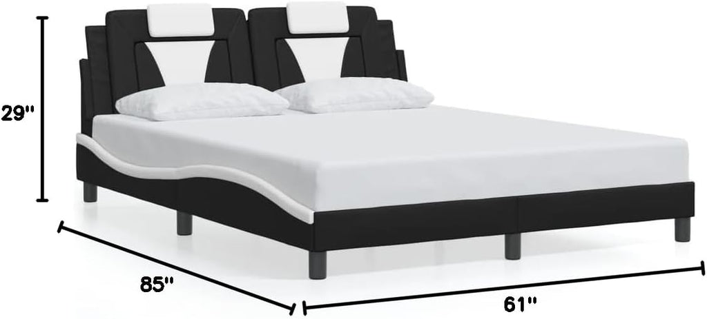 Upholstered Queen Platform Bed Frame with Headboard, Black and White Faux Leather Modern Bedframe for Bedroom Furniture, Waved Design & Foam Cushion Support 59.8'x79.9'