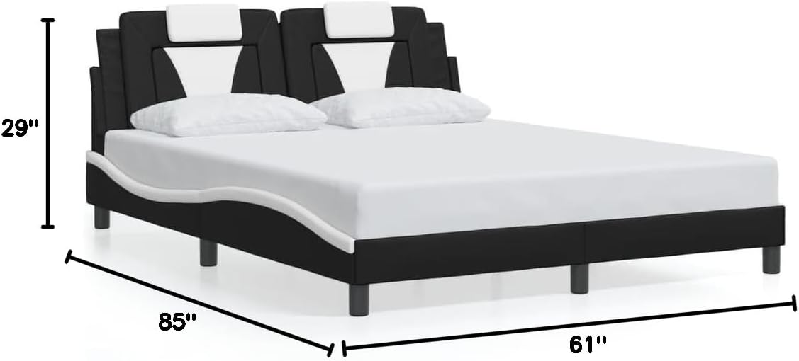 Upholstered Queen Platform Bed Frame with Headboard, Black and White Faux Leather Modern Bedframe for Bedroom Furniture, Waved Design & Foam Cushion Support 59.8'x79.9'
