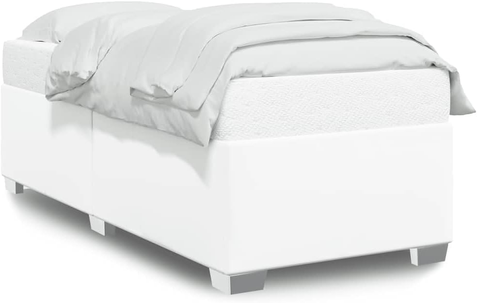 Twin Upholstered Bed Frame White Faux Leather Engineered Wood Modern Sleek Design for Bedroom Guest Room
