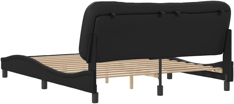 Queen Platform Bed Frame with Headboard Black 59.8'x79.9' Faux Leather Upholstered Modern Bedframe for Bedroom Furniture Supportive Waved Design
