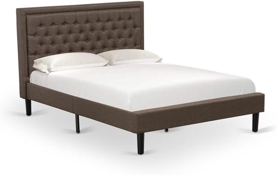 East West Furniture KD18Q-1HI0M 2 Piece Queen Size Bed Set - 1 Queen Bed Frame Brown Linen Fabric Padded and Button Tufted Headboard with 1 Night Stands - Antique Mahogany Finish Nightstand