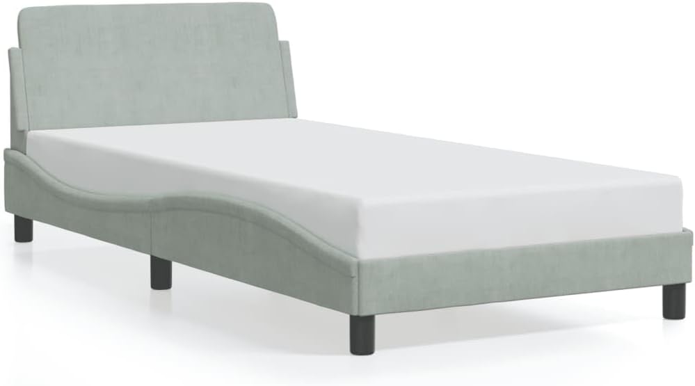 Light Gray Velvet Upholstered Bed Frame Single Size Modern Platform Bed with Ample Storage Space Sturdy Plywood Construction for Bedroom
