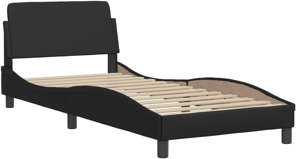 Twin Bed Frame with Headboard Black Faux Leather Platform Bed Frame 39.4x74.8 Inch Sturdy Wood Slats Modern Waved Design for Bedroom Furniture