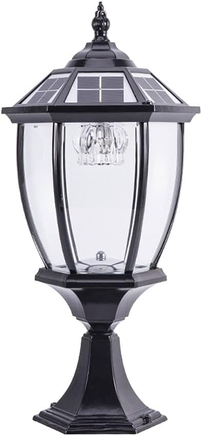 LED Solar Post Pillar Lantern Vintage Outdoor, Classic Glass Shade Aluminum Exterior Column Lamp, IP65 Bollard Lamps Outdoor Pedestal Lights Garden Landscape Lawn Lantern (Color : Black-6000K)