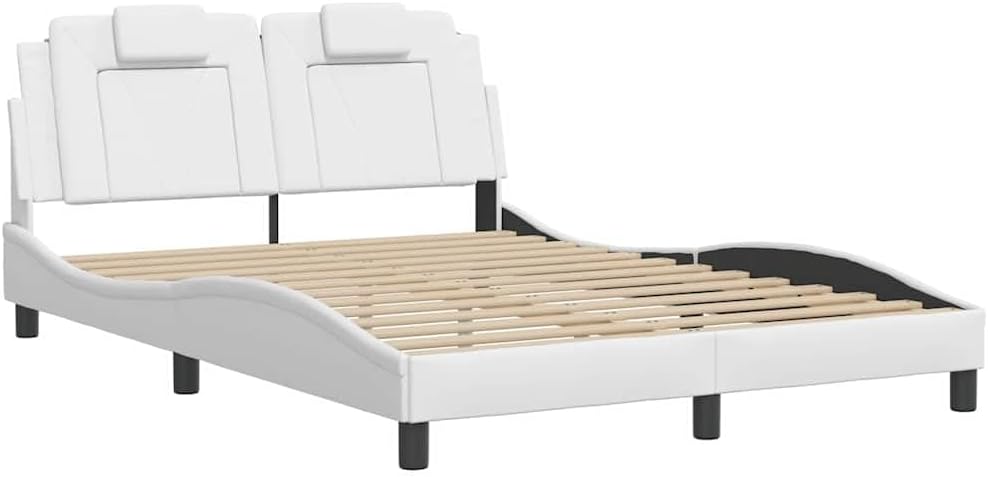 White Faux Leather Full Platform Bed, 55.9'x81.9'x29.3', Pine & Engineered Wood Support, Low-Profile Modern Headboard