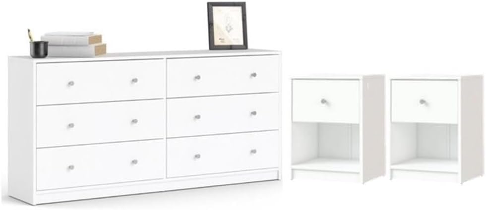 Pemberly Row 3 Piece Modern Wood Dresser and Nightstand Bedroom Set in White