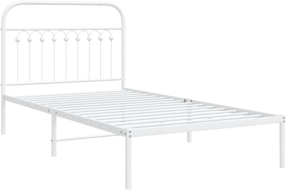 White Steel Bed Frame 39.4 x 78.7 in with Headboard, Sturdy Rectangular Metal Frame for Standard Mattress, Easy Assembly, Rust-Resistant Powder Coated Finish, Classic Design