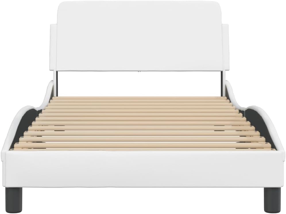 Twin Bed Frame with Headboard White 39.4'x74.8' Faux Leather Platform Bed Frame Modern Waved Design for Bedroom Furniture