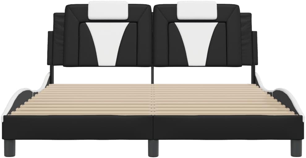 Upholstered Queen Platform Bed Frame with Headboard, Black and White Faux Leather Modern Bedframe for Bedroom Furniture, Waved Design & Foam Cushion Support 59.8'x79.9'