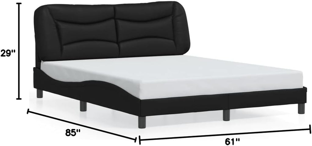 Faux Leather Queen Platform Bed Frame with Headboard Black 59.8'x79.9' Modern Waved Design Sturdy Wooden Slats for Bedroom Furniture