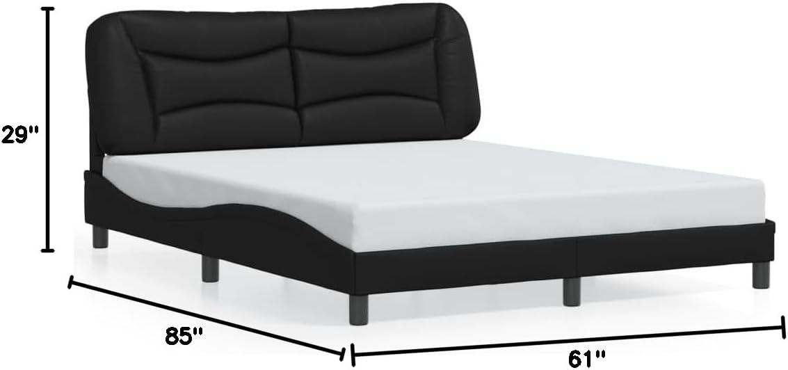 Queen Platform Bed Frame with Headboard Black 59.8'x79.9' Faux Leather Upholstered Modern Bedframe for Bedroom Furniture Supportive Waved Design