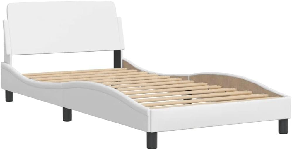 Modern White Faux Leather Bed Frame with Upholstered Headboard and Underbed Storage Space, Sturdy Metal Platform Foundation for Bedroom Furniture Set, Easy Assembly Design