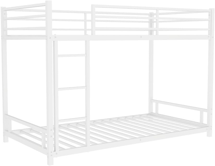 Twin Over Full Metal Bunk Bed, with Ladder & Full-Length Guardrail for Teens Adults, Noise Free (White + Metal + Metal-1)