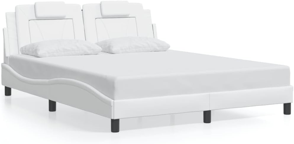 Queen Upholstered Bed Frame White Faux Leather 59.8'x79.9' with Headboard and Wave Design Platform Style for Modern Bedroom Furniture