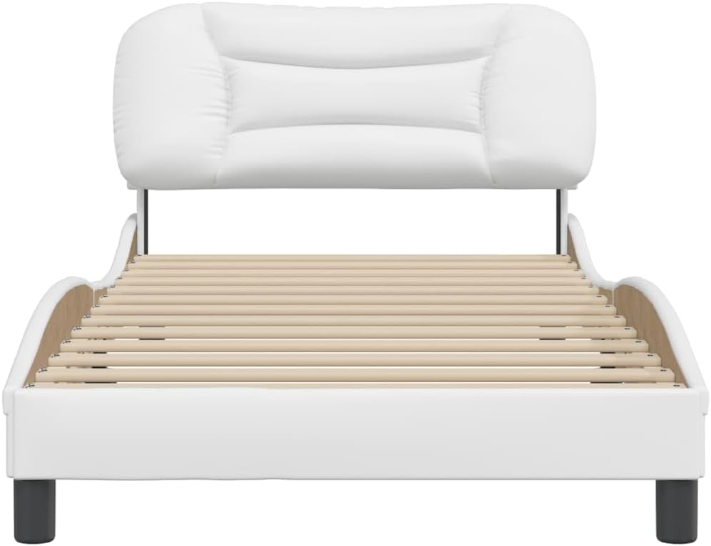 Modern White Faux Leather Bed Frame with Upholstered Headboard and Underbed Storage Space, Sturdy Metal Platform Foundation for Bedroom Furniture Set, Easy Assembly Design