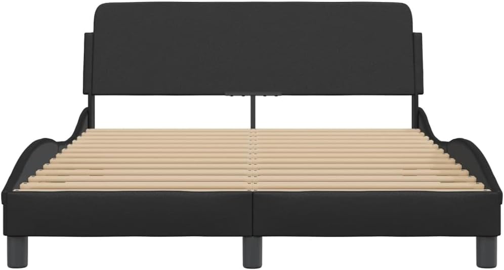 Full Size Platform Bed Frame with Headboard Black Faux Leather Upholstered Modern Waved Design Sturdy Support for Bedroom Furniture