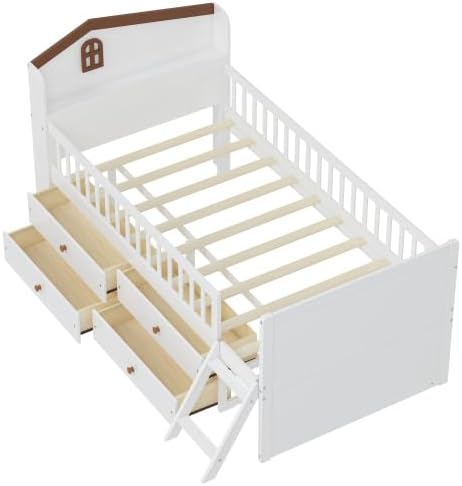 Bellemave Kids Platform Bed with Guardrail Headboard and Ladder, Twin Size Wooden Bed Frame with 4 Drawers for Boys Girls, White