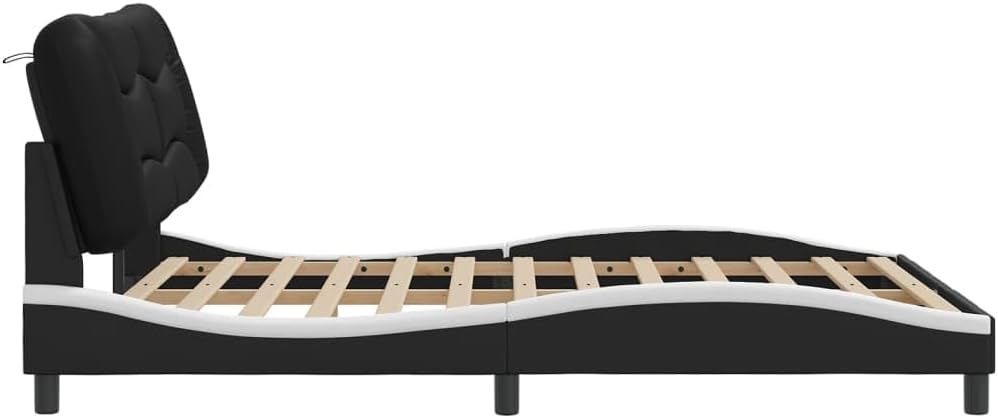 Queen Platform Bed Frame with Headboard 59.8'x79.9' Faux Leather Upholstered Modern Bedframe Black and White Wavy Design for Bedroom Furniture