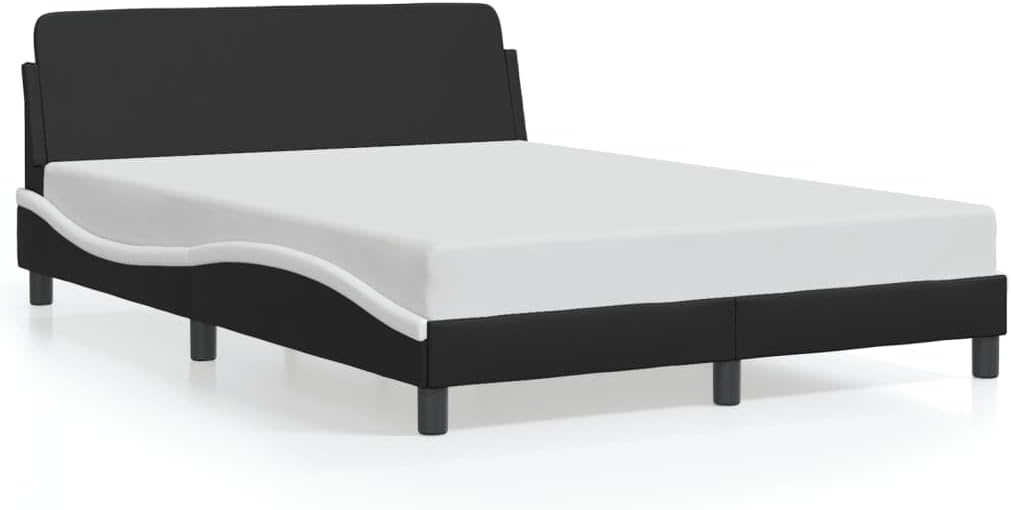 Upholstered Bed Frame Full Size Platform Bedframe with Headboard Black and White Faux Leather Modern Waved Design for Bedroom Furniture