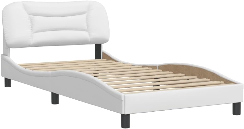 Twin Bed Frame with Headboard White Faux Leather Platform Bed Frame 39.4'x74.8' Modern Wavy Design for Bedroom Furniture