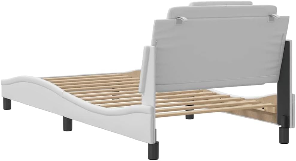 Twin Upholstered Faux Leather Platform Bed Frame with Wavy Headboard 39.4x74.8x29.3 in White Modern Storage Bedroom Furniture for Small Rooms