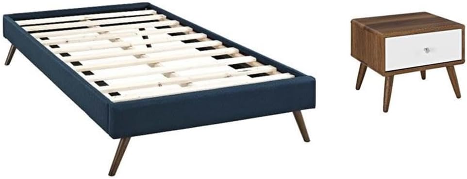 Pemberly Row Set of 2 Twin Bed Frame in Azure and Nightstand in Walnut/White