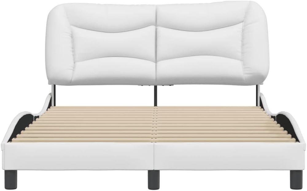 White Queen Platform Bed Frame with Upholstered Headboard Faux Leather Modern Bedframe for Bedroom Furniture 53.9'x74.8'