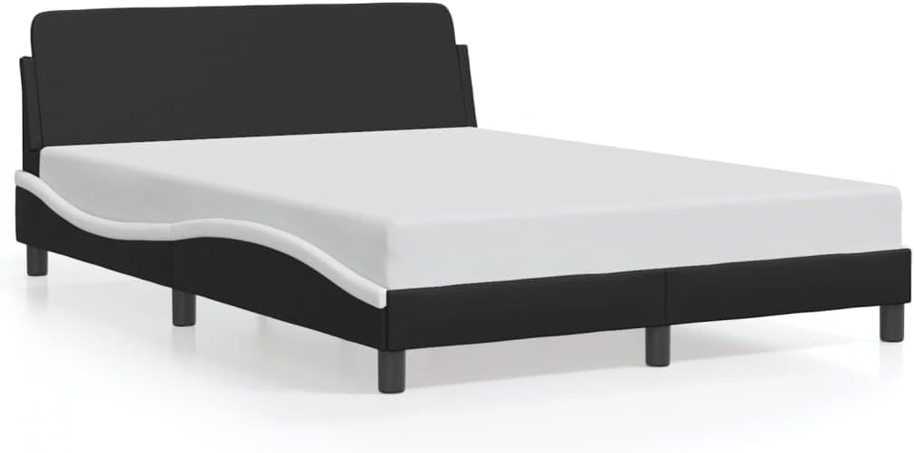 Full Size Bed Frame with Headboard Black and White Faux Leather Platform Bed Frame No Mattress Needed Sturdy Metal Legs Modern Wavy Design for Bedroom Furniture