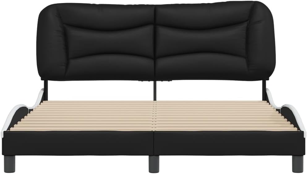 Queen Platform Bed Frame with Headboard 59.8'x79.9' Faux Leather Upholstered Modern Bedframe Black and White Wavy Design for Bedroom Furniture