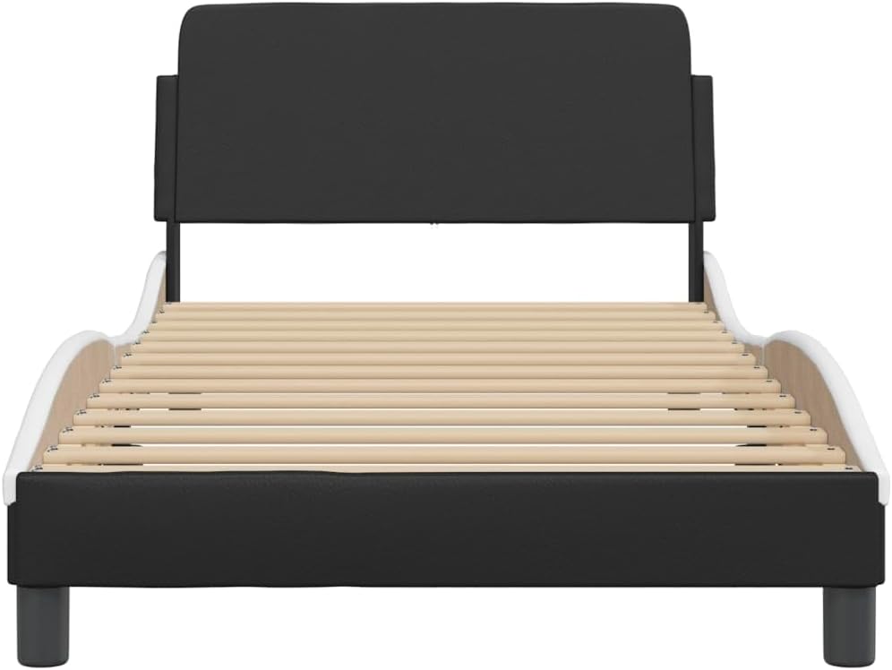 Twin Bed Frame Black and White with Storage, Modern Platform Bed Frame Faux Leather Upholstered Bedroom Furniture for Compact Spaces