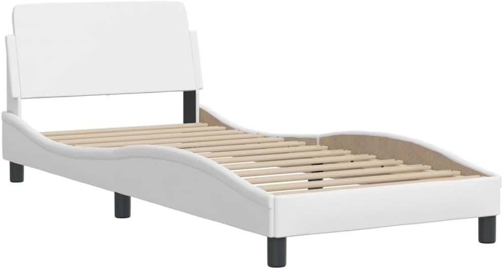 Twin Bed Frame White Faux Leather Upholstered Platform Bed with Underbed Storage, Easy Assembly and Modern Design for Bedroom Furniture