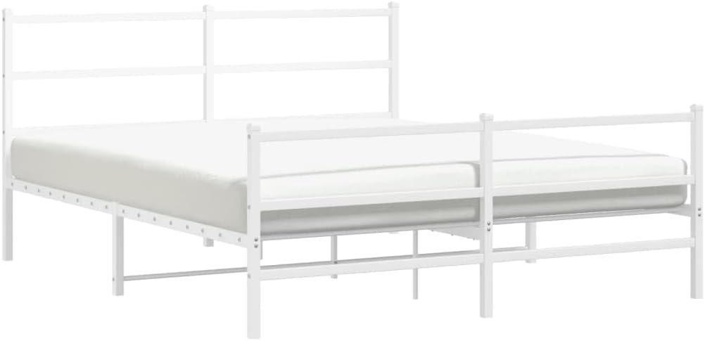 Modern King Size Bed Frame 59 x 79 in White Powder-Coated Steel, Strong Metal Construction with Breathable Fabric for Superior Stability and Elegant Aesthetic, Compact Design