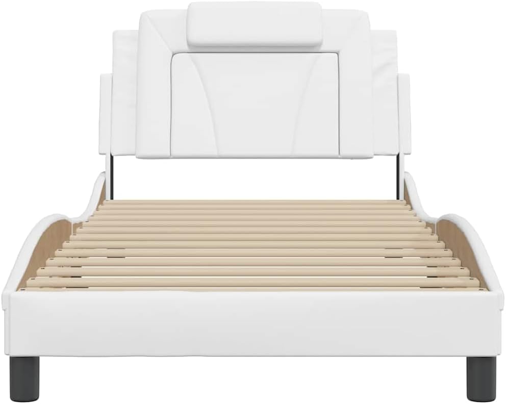 Twin Upholstered Faux Leather Platform Bed Frame with Wavy Headboard 39.4x74.8x29.3 in White Modern Storage Bedroom Furniture for Small Rooms