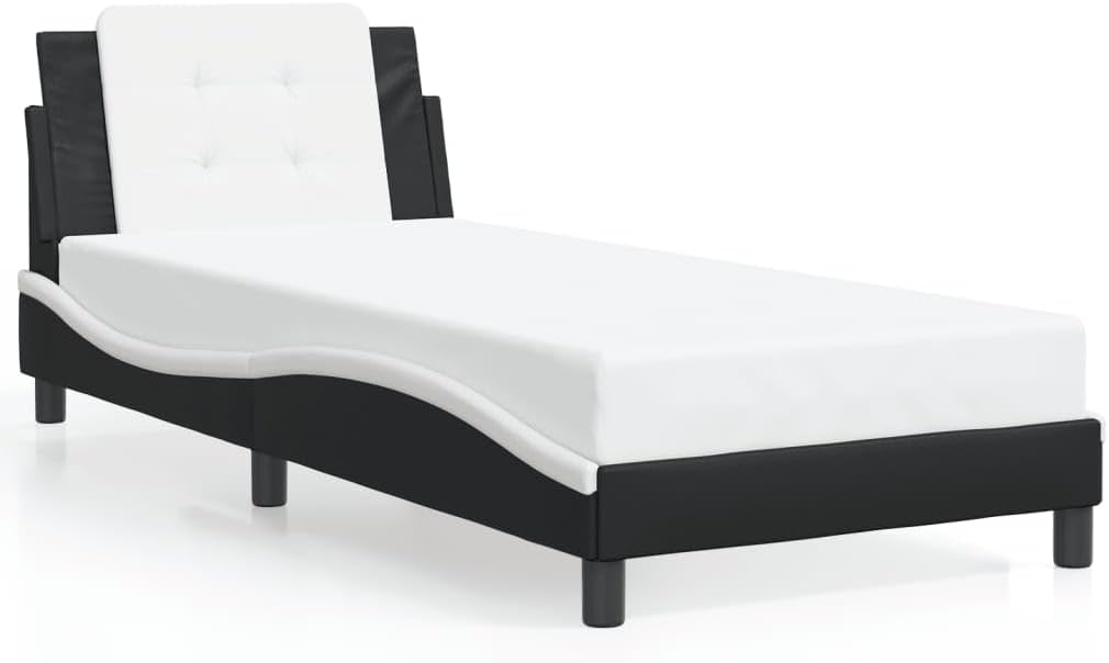 Twin Bed Frame with Upholstered Headboard Black and White Faux Leather Platform Bed Frame Modern Waved Design for Bedroom Furniture