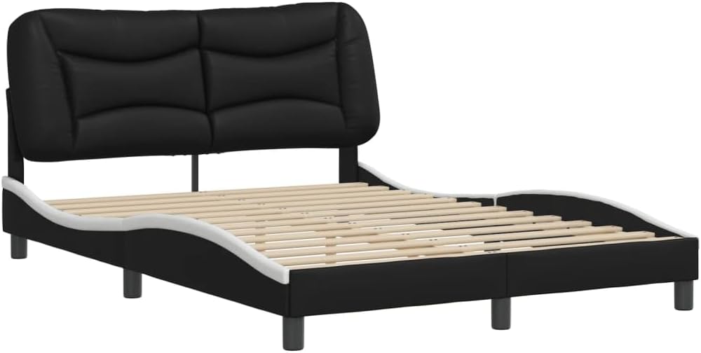 Upholstered Platform Bed Frame with Headboard Black and White Faux Leather Full Size 53.9'x74.8' Modern Wavy Design Sturdy Wood Slats Bedroom Furniture