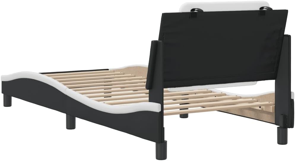 Twin Size Platform Bed Frame with Headboard Black and White Faux Leather Upholstered Bed Frame Modern Wavy Design for Bedroom Furniture