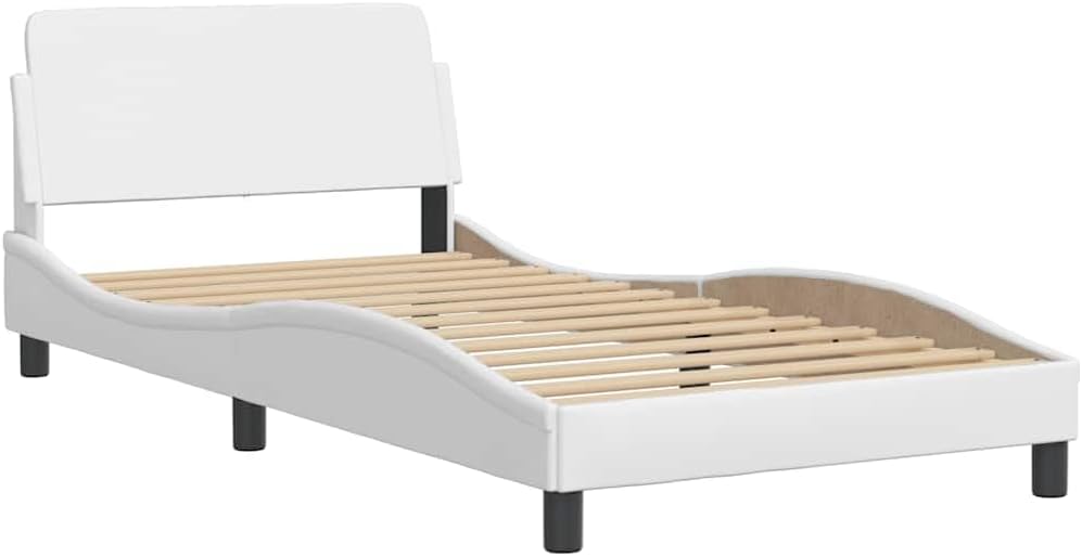 Twin Upholstered Faux Leather Platform Bed Frame with Wavy Headboard 39.4x74.8x29.3 in White Modern Storage Bedroom Furniture for Small Rooms