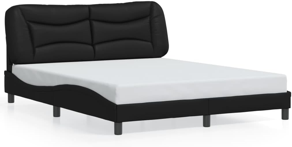 Faux Leather Queen Platform Bed Frame with Headboard Black 59.8'x79.9' Modern Waved Design Sturdy Wooden Slats for Bedroom Furniture