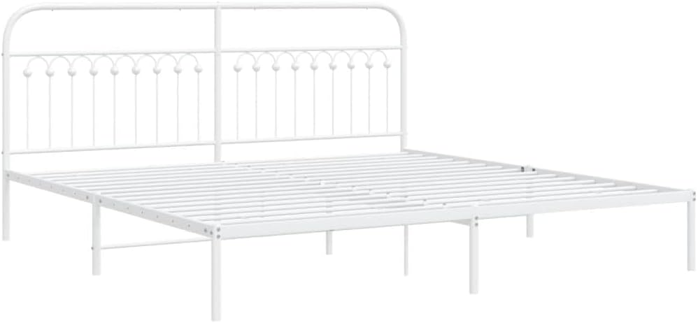 White Steel Full Bed Frame with Headboard, Traditional Rectangular Design, Durable Metal Construction and Easy Assembly, Powder-Coated Finish for Bedroom and Guest Room Use